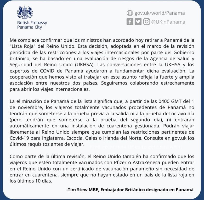 Reino Unido elimina a Panamá de su lista roja por la Covid-19 desde el 1 de noviembre