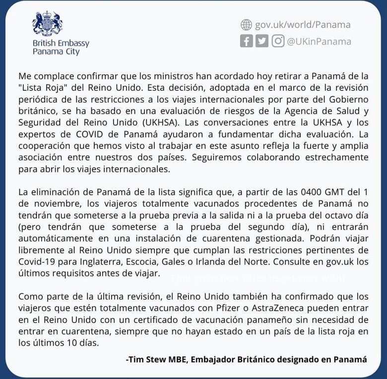 Reino Unido elimina a Panamá de su lista roja por la Covid-19 desde el 1 de noviembre