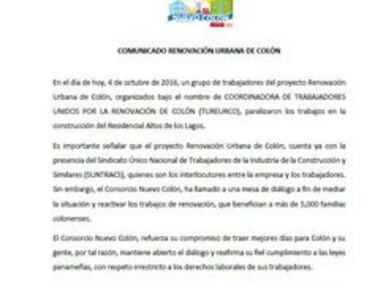 Paralizan proyecto Altos los Lagos de renovación de Colón