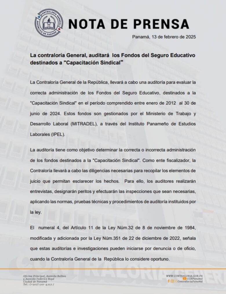 $5.3 millones en la mira: Mitradel audita uso de fondos sindicales