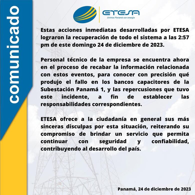 Se restablece el servicio eléctrico en el país