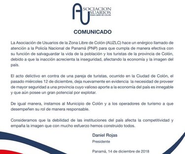 Asociación de Usuarios exige a la Policía que garantice la seguridad en Colón