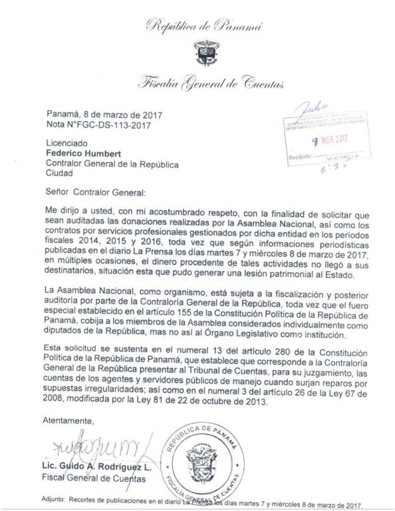 Fiscal de Cuentas pide a Contraloría auditar donaciones y contratos por servicios profesionales en la Asamblea