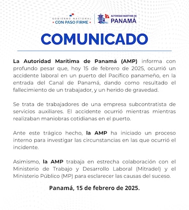 Investigan accidente laboral que dejó un trabajador muerto y otro herido en un puerto del Pacífico panameño