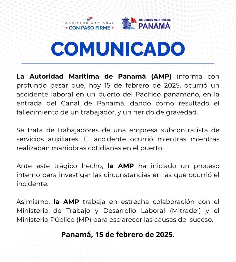 Investigan accidente laboral que dejó un trabajador muerto y otro herido en un puerto del Pacífico panameño