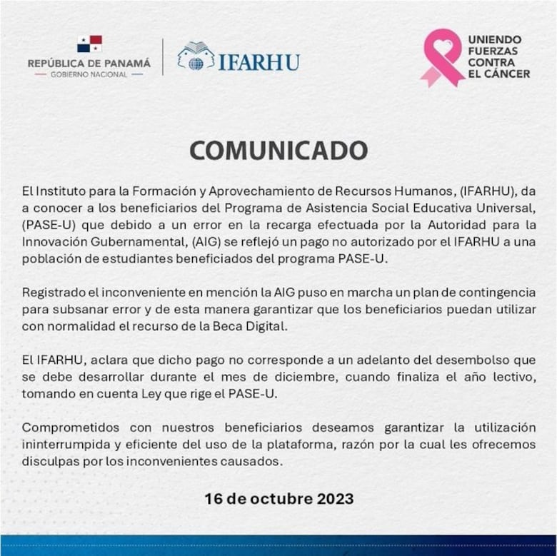Ifarhu dice que por un error de la AIG se reflejó un pago ‘no autorizado’ al PASE-U de un grupo de estudiantes