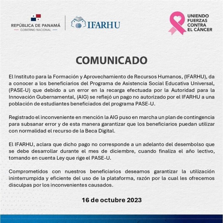 Ifarhu dice que por un error de la AIG se reflejó un pago ‘no autorizado’ al PASE-U de un grupo de estudiantes