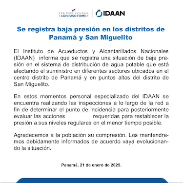 El Idaan confirma baja presión en el suministro de agua en algunos sectores de la ciudad capital