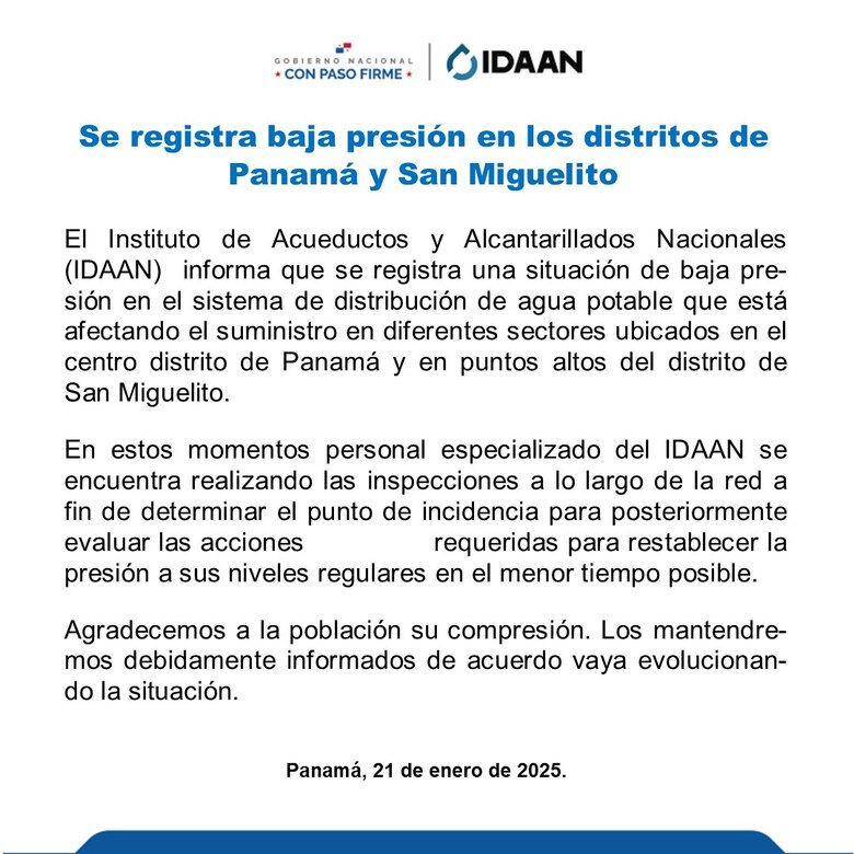El Idaan confirma baja presión en el suministro de agua en algunos sectores de la ciudad capital