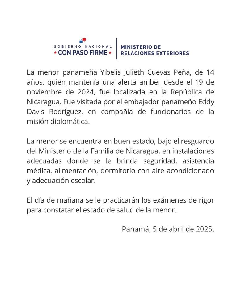 Menor panameña con alerta Amber es localizada en Nicaragua