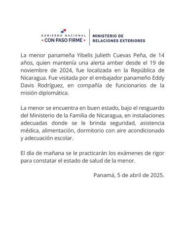 Menor panameña con alerta Amber es localizada en Nicaragua