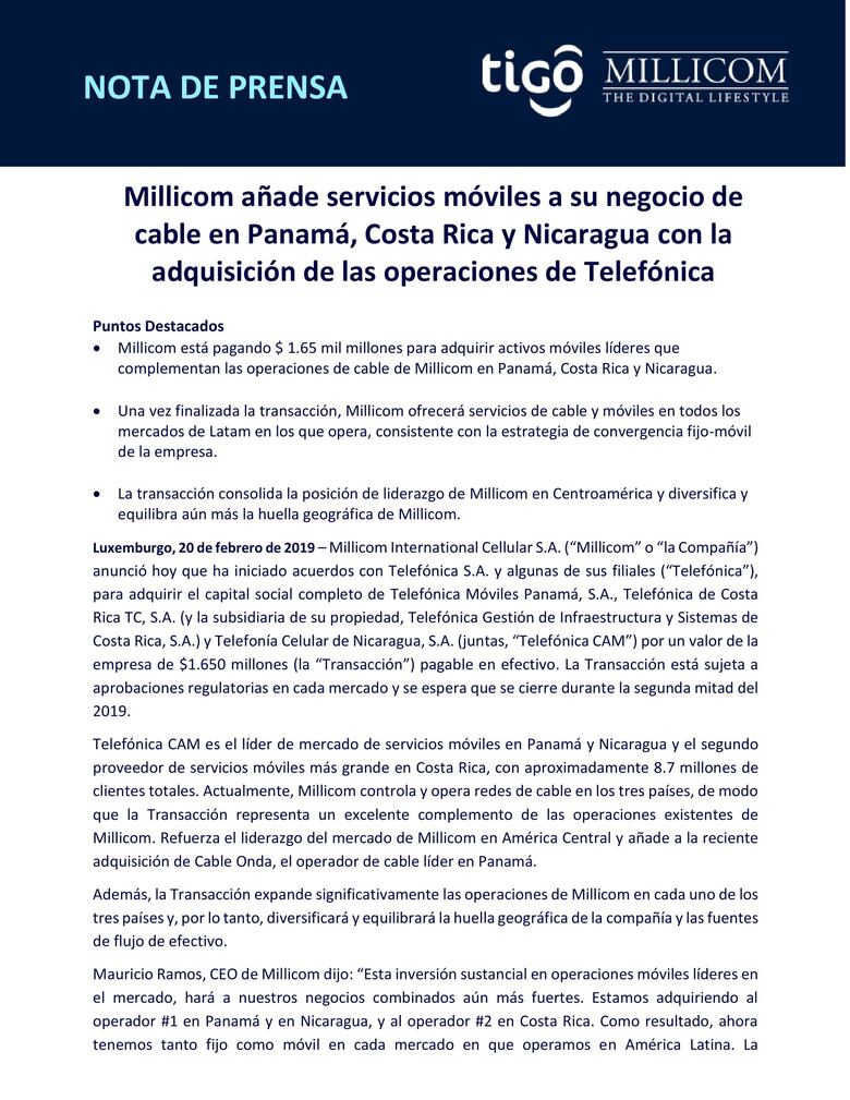 Telefónica vende sus negocios de Panamá a Millicom