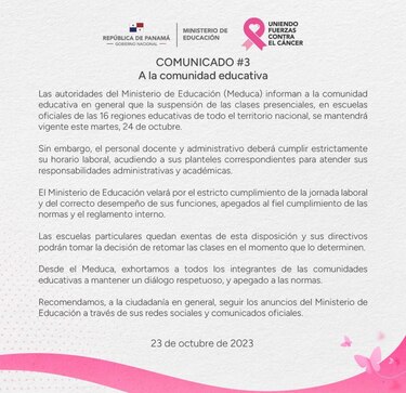 Las clases continuarán suspendidas este martes 24 de octubre