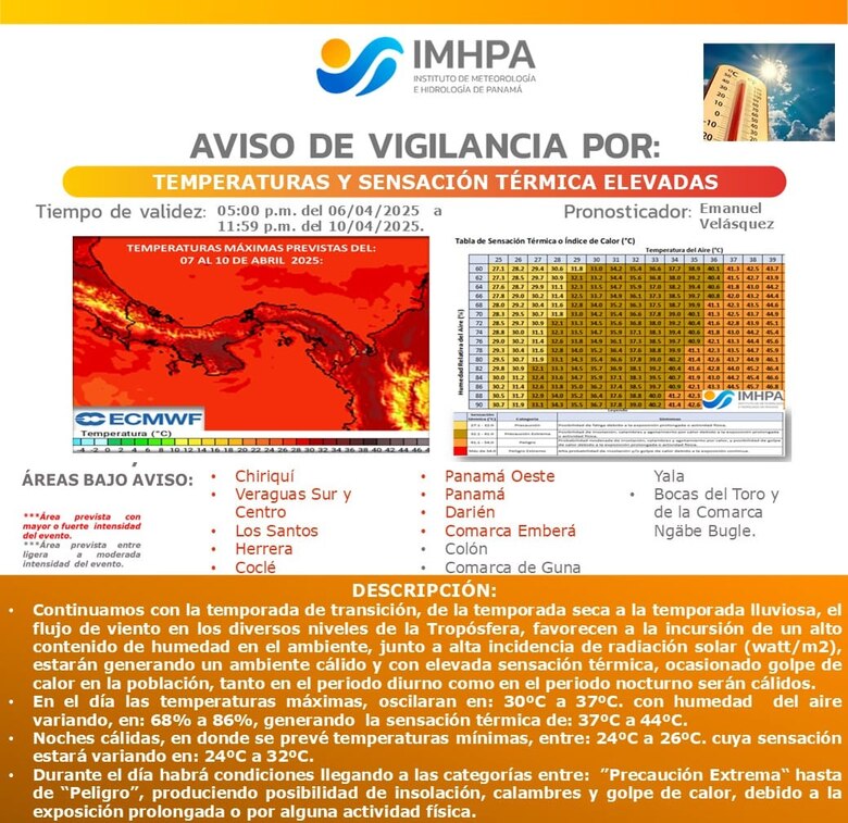 Sinaproc emite aviso de vigilancia por temperaturas y sensación térmica elevadas