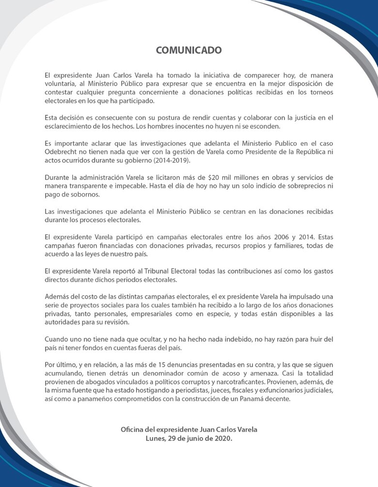 Varela acude a la fiscalía del caso Odebrecht; dice que está en disposición de colaborar sobre el tema de donaciones