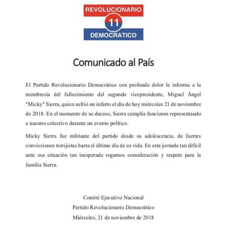 Fallece Miguel Sierra, segundo vicepresidente del PRD