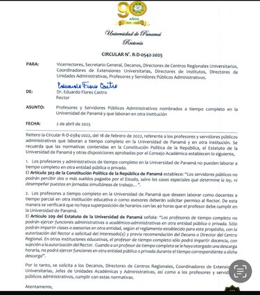 Rector de la Universidad de Panamá establece reglas para profesores y administrativos a tiempo completo