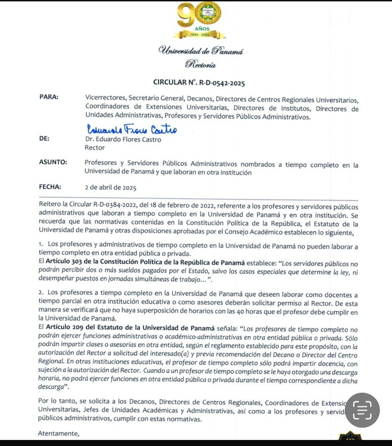 Rector de la Universidad de Panamá establece reglas para profesores y administrativos a tiempo completo
