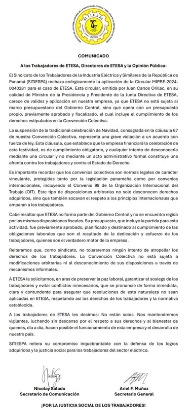 El sindicato de Etesa se negó a suspender la fiesta de Navidad, porque eso sería un ‘atropello’ a sus derechos