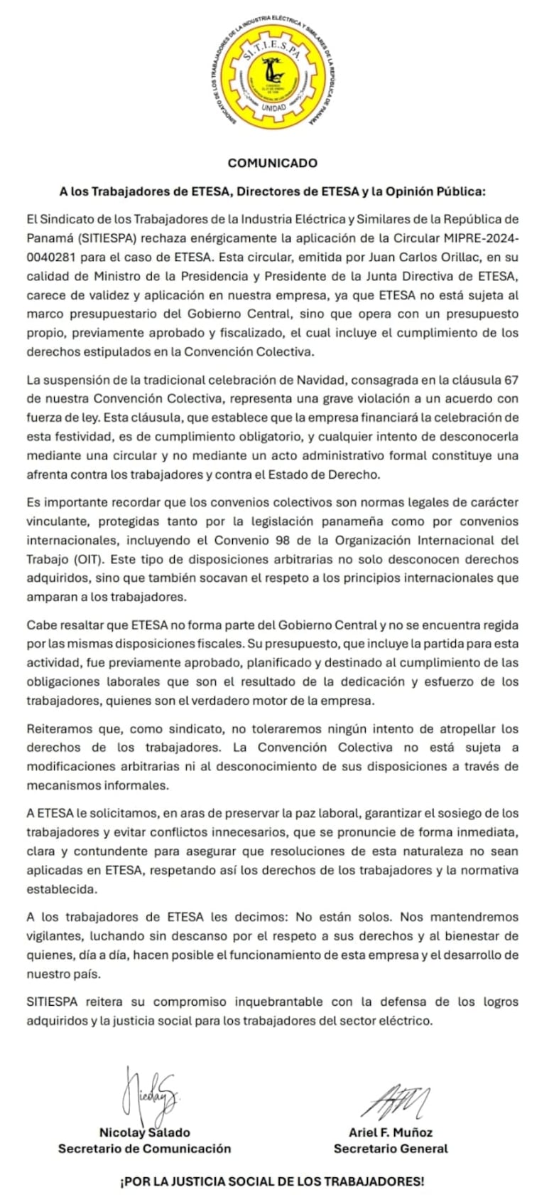 El sindicato de Etesa se negó a suspender la fiesta de Navidad, porque eso sería un ‘atropello’ a sus derechos