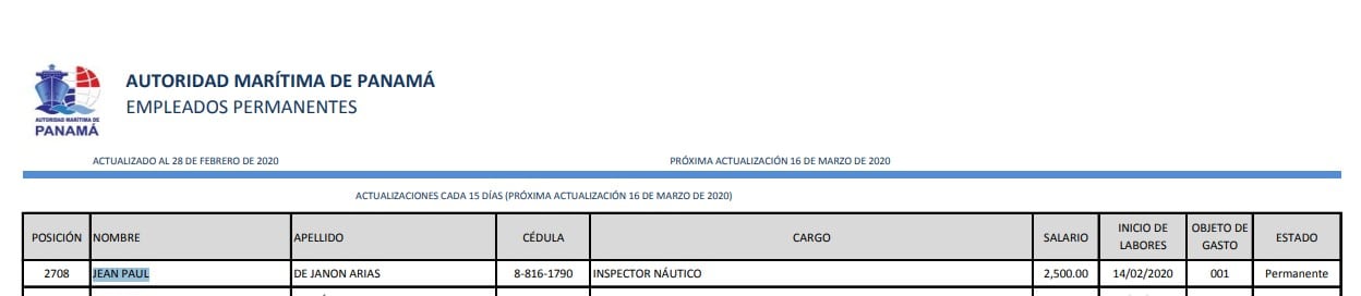 Registro de la contratación de Jean Paul De Janon como inspector náutico en la Autoridad Marítima de Panamá (AMP), cargo que asumió el 14 de febrero de 2020 con un salario mensual de $2 mil 500. Foto: Planilla de la AMP en 2020.