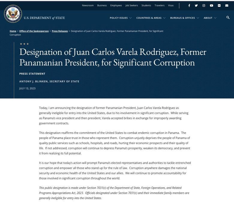 Estados Unidos señala a Juan Carlos Varela por ‘corrupción significativa’