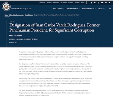 Estados Unidos señala a Juan Carlos Varela por ‘corrupción significativa’