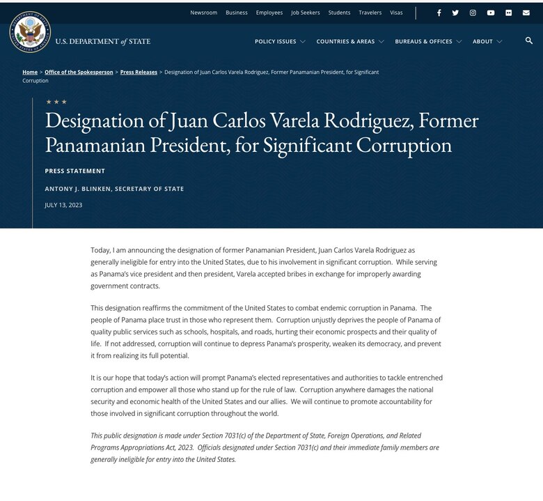 Estados Unidos señala a Juan Carlos Varela por ‘corrupción significativa’