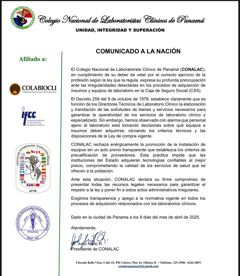 Conalac exige transparencia en la compra de insumos y equipos de laboratorio en la CSS