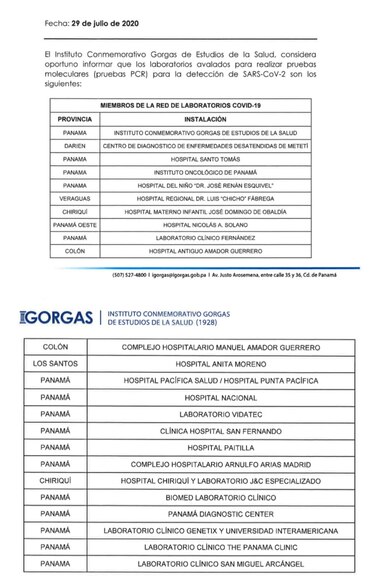 Estos son los laboratorios avalados por el Gorgas para realizar pruebas de PCR