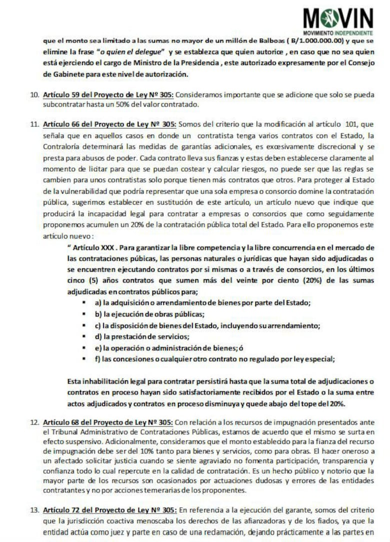 Movin presenta modificaciones al proyecto de reformas de la ley de contrataciones públicas