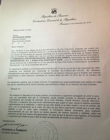 Contralor refrenda por insistencia contrato para foro de la Caja de Seguro Social