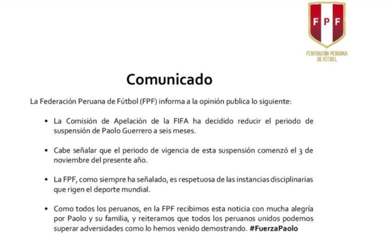 FIFA reduce sanción a Paolo Guerrero; podrá jugar en el Mundial