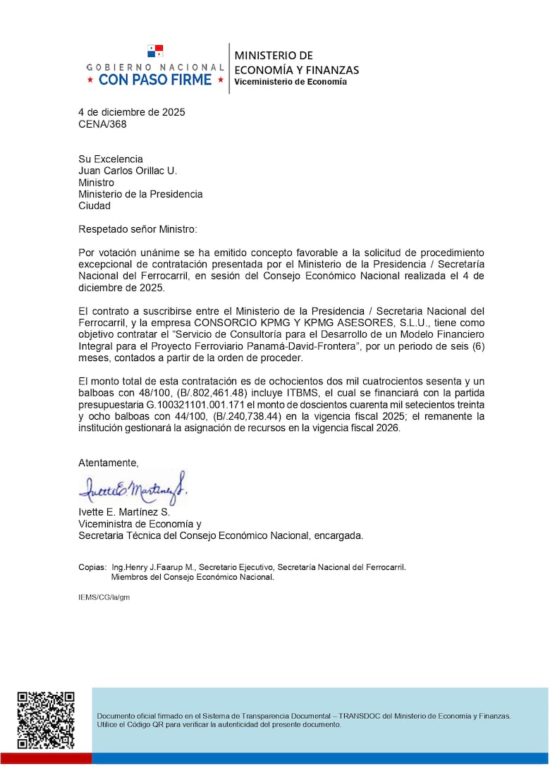 Gobierno avala contrato por más de $802 mil para la consultoría del modelo financiero del tren Panamá–David