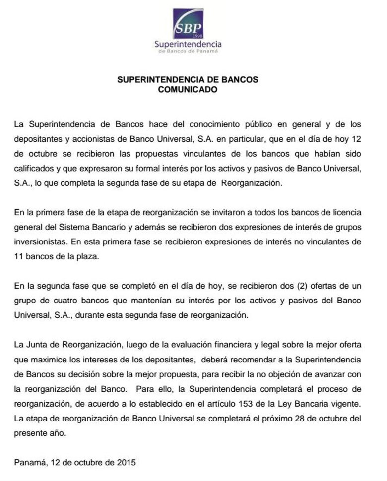 Banco Universal recibió propuestas de compradores hasta hoy