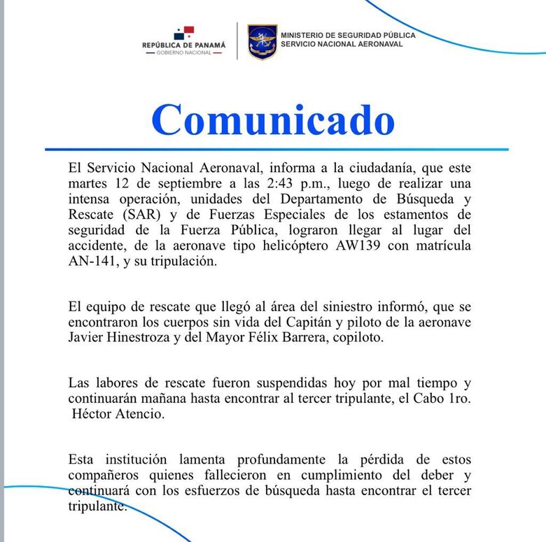 Encuentran sin vida a dos tripulantes del helicóptero accidentado en Coclesito; sigue la búsqueda del tercer pasajero