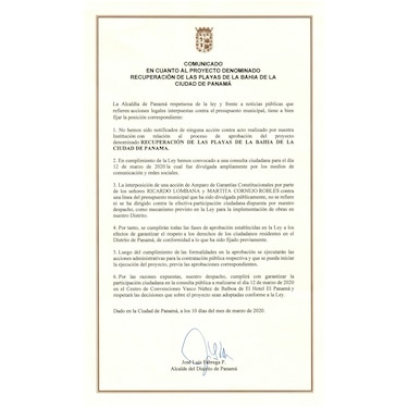 Alcaldía de Panamá mantiene el 12 de marzo como fecha para realizar la consulta ciudadana para proyecto de playas