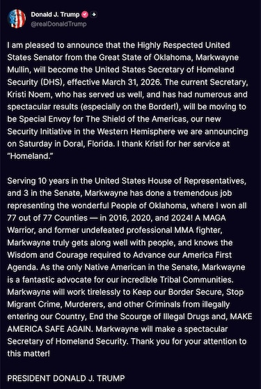 Kristi Noem dejará Seguridad Nacional; Donald Trump designa al senador Markwayne Mullin