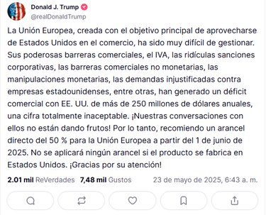 Trump amenaza con imponer un arancel directo del 50% a la Unión Europea a partir del 1 de junio