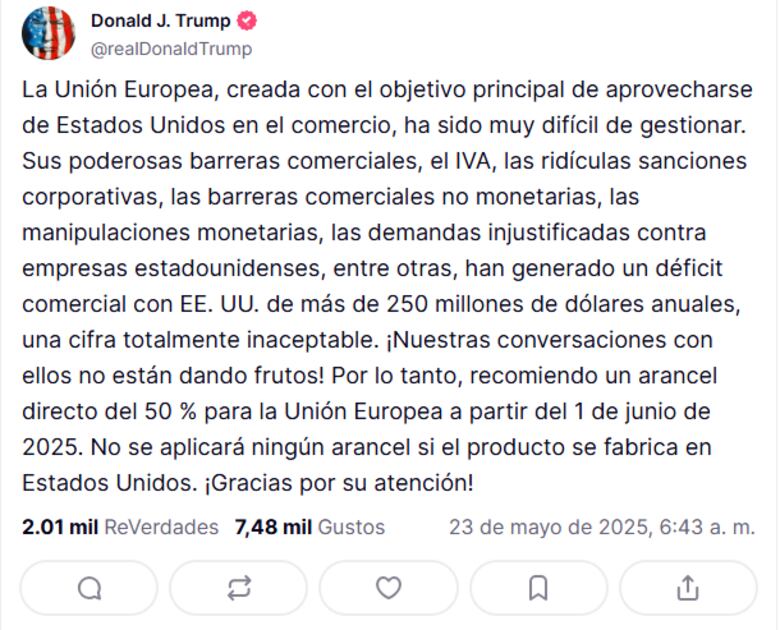 Trump amenaza con imponer un arancel directo del 50% a la Unión Europea a partir del 1 de junio