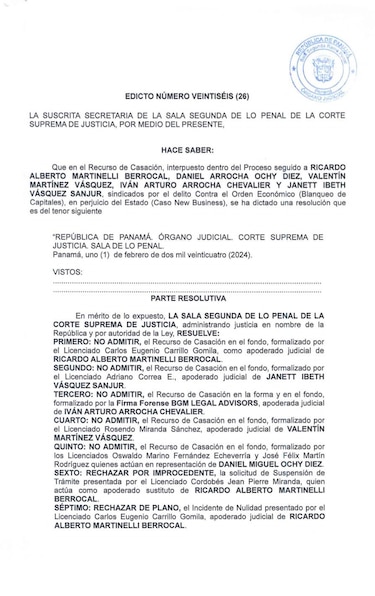 La Corte no admite la casación de Ricardo Martinelli; la condena de 10 años y 8 meses de prisión queda en firme
