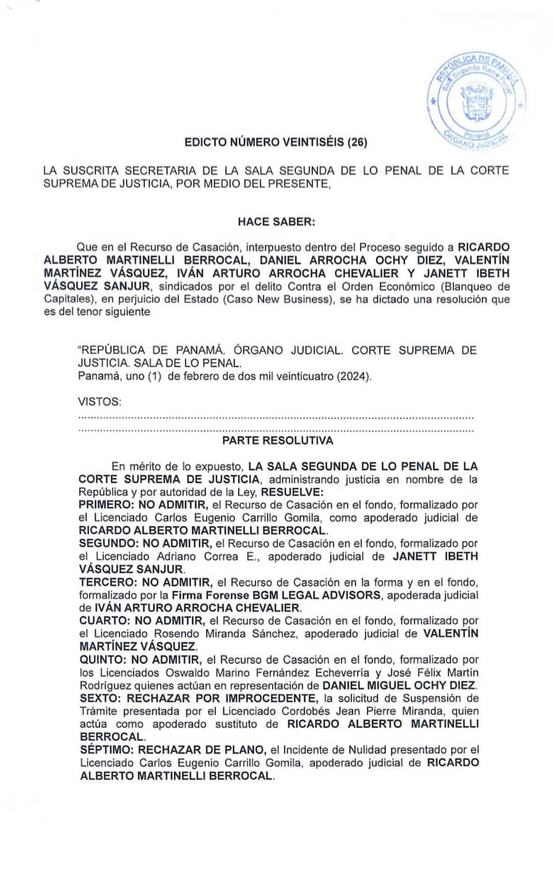 La Corte no admite la casación de Ricardo Martinelli; la condena de 10 años y 8 meses de prisión queda en firme