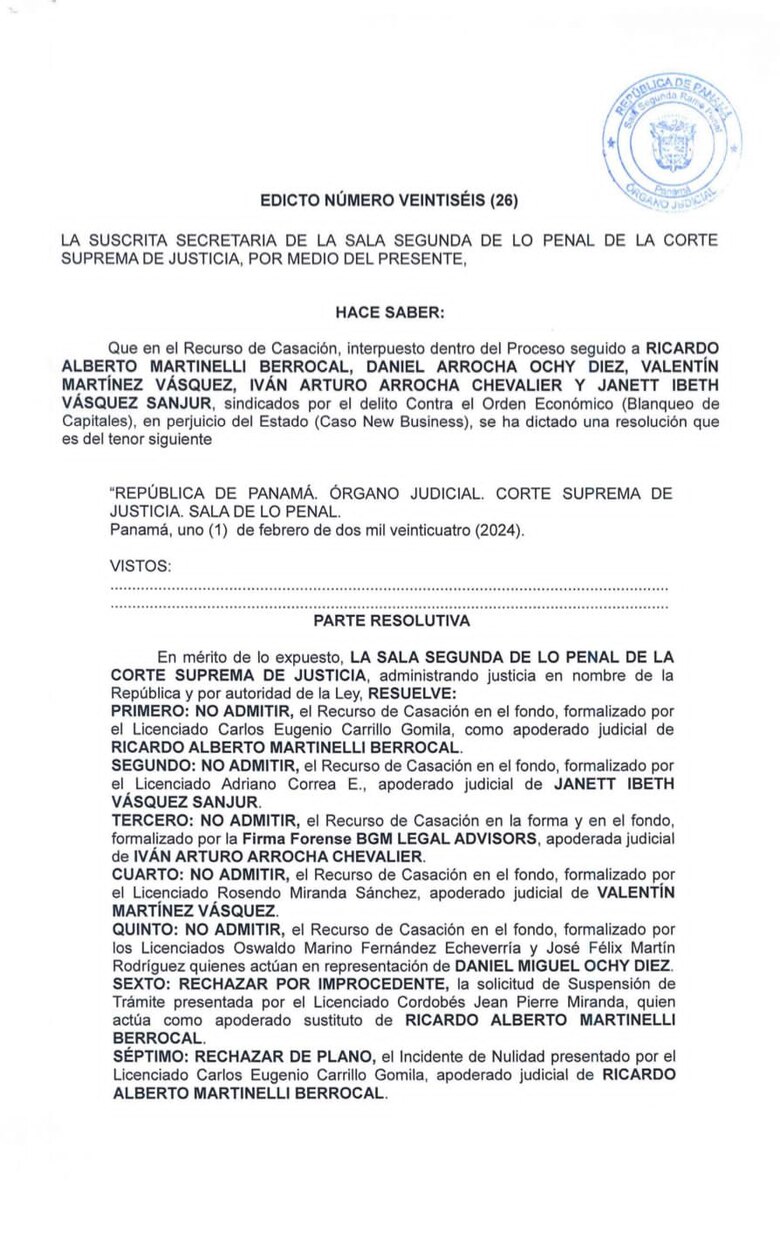 La Corte no admite la casación de Ricardo Martinelli; la condena de 10 años y 8 meses de prisión queda en firme