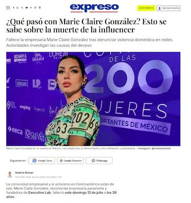 Marie Claire: Muerte de influencer panameña da la vuelta al mundo y ocupa titulares en medios internacionales