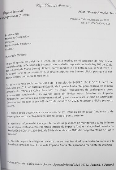 La Corte pidió información a MiAmbiente sobre el EIA de la concesión minera en Donoso