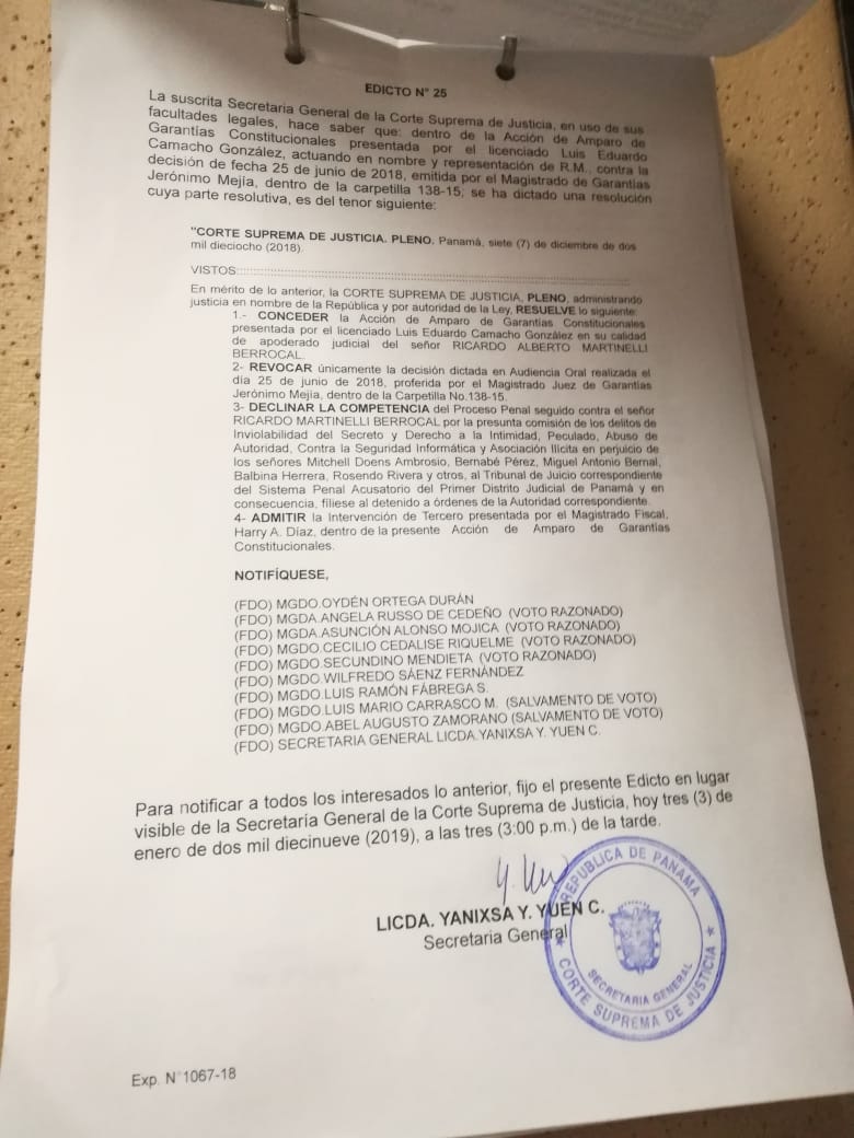 Corte fija edicto sobre el fallo que declina la competencia del caso Martinelli