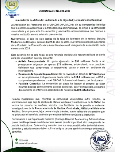 Profesores de la Unachi piden la renuncia inmediata de la rectora Etelvina de Bonagas