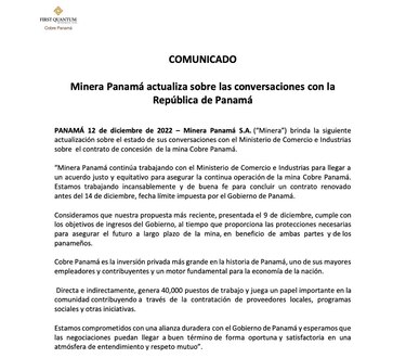 Minera Panamá reveló que presentó nueva propuesta al Gobierno