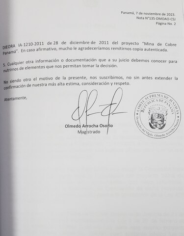 La Corte pidió información a MiAmbiente sobre el EIA de la concesión minera en Donoso