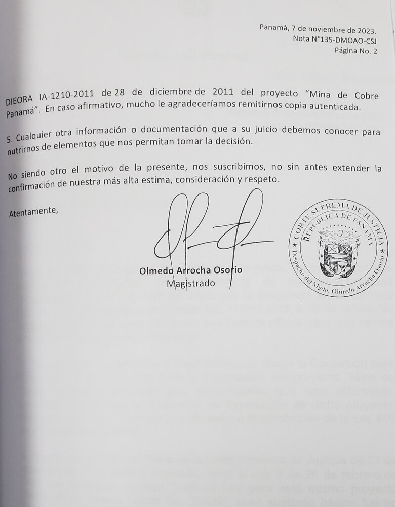 La Corte pidió información a MiAmbiente sobre el EIA de la concesión minera en Donoso